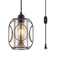 Ylong-Zs Vintage Pendant Lighting Fixtures With Plug In Hanging Cord And Dimmer Switch, Industrial Swag Ceiling Lamp For Kitchen Island,Black Finish With Amber Glass Inner Shade