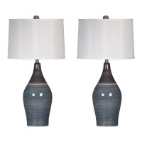 Pot Bellied Ceramic Table Lamp With Brushed Details,Set Of 2,Gray And White