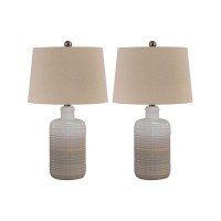 Ceramic Body Table Lamp With Brushed Details, Set Of 2, Beige And White