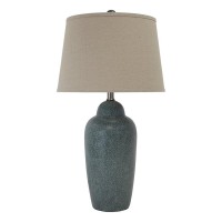 150 Watt Ceramic Body Table Lamp With Tapered Fabric Shade, Green And Beige