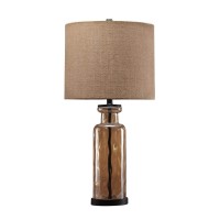 Benjara Glass Table Lamp With Fabric Drum Shade, Gold, Beige