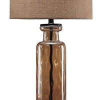 Benjara Glass Table Lamp With Fabric Drum Shade, Gold, Beige