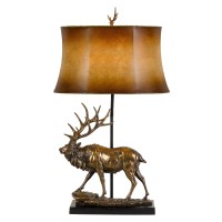 Resin Body Lamp With Deer Design And Leatherette Bell Shade, Brown And Gold