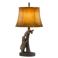 3 Way Resin Body Table Lamp With Bear And Tree Design, Brown And Gold