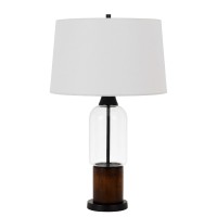 Wooden And Glass Body Table Lamp With Tapered Fabric Shade, White