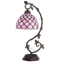 Werfactory Tiffany Table Lamp Pink Stained Glass Pearl Style Desk Light With Metal Leaf Base 8X10X21 Inches Decor Small Space Bedroom Home Office S005P