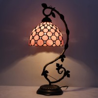 Werfactory Tiffany Table Lamp Pink Stained Glass Pearl Style Desk Light With Metal Leaf Base 8X10X21 Inches Decor Small Space Bedroom Home Office S005P