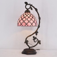 Werfactory Tiffany Table Lamp Pink Stained Glass Pearl Style Desk Light With Metal Leaf Base 8X10X21 Inches Decor Small Space Bedroom Home Office S005P