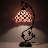 Werfactory Tiffany Table Lamp Pink Stained Glass Pearl Style Desk Light With Metal Leaf Base 8X10X21 Inches Decor Small Space Bedroom Home Office S005P