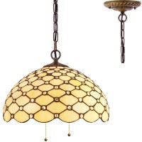 Werfactory Tiffany Pendant Light Fixture Cream Amber Bead Stained Glass 16 Inch Hanging Lamp Wide 16 Inch, Height 40 Inch S005 Series