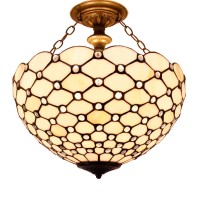 Werfactory Tiffany Ceiling Light Fixture Cream Amber Stained Glass Bead Semi Flush Mount Lamp Wide 16 Inch Height 15 Inch Tiffany Ceiling Lamp S005 Series