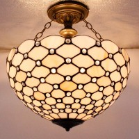 Werfactory Tiffany Ceiling Light Fixture Cream Amber Stained Glass Bead Semi Flush Mount Lamp Wide 16 Inch Height 15 Inch Tiffany Ceiling Lamp S005 Series