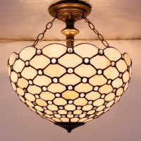 Werfactory Tiffany Ceiling Light Fixture Cream Amber Stained Glass Bead Semi Flush Mount Lamp Wide 16 Inch Height 15 Inch Tiffany Ceiling Lamp S005 Series