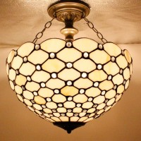 Werfactory Tiffany Ceiling Light Fixture Cream Amber Stained Glass Bead Semi Flush Mount Lamp Wide 16 Inch Height 15 Inch Tiffany Ceiling Lamp S005 Series