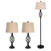 Maxax Lamp Set 3-Piece, Table Lamps And Floor Lamp 3 Pack, Vintage Style Metal Base With Oatmeal Fabric Shade For Living Room Bedroom Dining Room, Black Finish