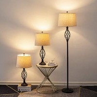 Maxax Lamp Set 3-Piece, Table Lamps And Floor Lamp 3 Pack, Vintage Style Metal Base With Oatmeal Fabric Shade For Living Room Bedroom Dining Room, Black Finish