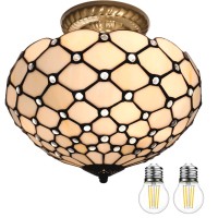 Werfactory Tiffany Ceiling Light Fixture Cream Amber Stained Glass Bead 12 Inch Semi Flush Mount Lamp Wide 12 Inch, Height 11 Inch S005 Series