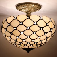 Werfactory Tiffany Ceiling Light Fixture Cream Amber Stained Glass Bead 12 Inch Semi Flush Mount Lamp Wide 12 Inch, Height 11 Inch S005 Series