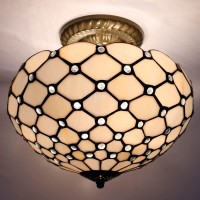 Werfactory Tiffany Ceiling Light Fixture Cream Amber Stained Glass Bead 12 Inch Semi Flush Mount Lamp Wide 12 Inch, Height 11 Inch S005 Series