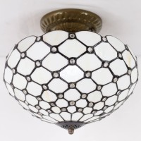 Werfactory Tiffany Ceiling Light Fixture Cream Amber Stained Glass Bead 12 Inch Semi Flush Mount Lamp Wide 12 Inch, Height 11 Inch S005 Series