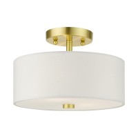 Livex Lighting 51052-12 Meridian Collection 2-Light Semi Flush Mount Ceiling Light With Off-White Hardback Fabric Shade, Satin Brass, 11 X 11 X 7.75