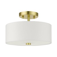 Livex Lighting 51052-12 Meridian Collection 2-Light Semi Flush Mount Ceiling Light With Off-White Hardback Fabric Shade, Satin Brass, 11 X 11 X 7.75