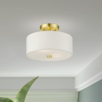 Livex Lighting 51052-12 Meridian Collection 2-Light Semi Flush Mount Ceiling Light With Off-White Hardback Fabric Shade, Satin Brass, 11 X 11 X 7.75