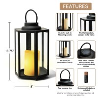 Lamplust Outdoor Solar Powered Decorative Lantern With Flameless Candle 18 Inch, Black Metal With Glass, Waterproof, Hanging Decorative Tapered Candle Lamp For Porch, Floor Or Patio Home Decor