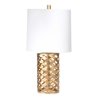 Enlighten your home setting with the inclusion of this metal table lamp featuring contemporary style Depicting round shaped silhouette it has open design diamond base in golden hue which adds to the appeal of the lamp Fabric drum shade completes the look 