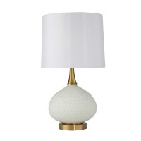 Benjara Glass Table Lamp With Round Base And Carved Diamond Pattern, White