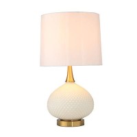 Benjara Glass Table Lamp With Round Base And Carved Diamond Pattern, White