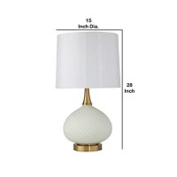 Benjara Glass Table Lamp With Round Base And Carved Diamond Pattern, White