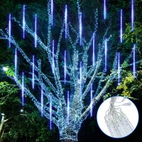 Pgfun Meteor Shower Rain Lights Christmas Snow Falling Icicle Led String Lights 12.2 Inch 12 Tubes 288 Leds Cascading Lighting For Halloween Wedding Garden Trees Patio Decoration (Blue)