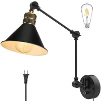 Partphoner Plug In Wall Sconces Swing Arm Wall Lamp With Dimmable On Off Switch, Metal Black Vintage Industrial Wall Mounted Lighting Reading Light Fixture For Bedside Bedroom Indoor Doorway