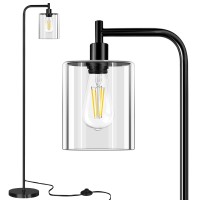 Qimh Industrial Floor Lamp For Living Room, Modern Standing Lamp With Hd Glass Lampshade And Pedal Switch, 67 Tall Pole Light For Bedroom Study Room, Black (2700K Led Bulb Included)