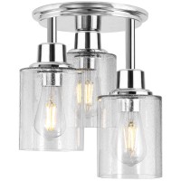 Semi Flush Mount Ceiling Light, 3-Light Close To Ceiling Light Fixtures, Electroplating Chrome Finish With Clear Seeded Glass Shade Chandelier Lighting For Stairs Porch Hallway Entryway Kitchen