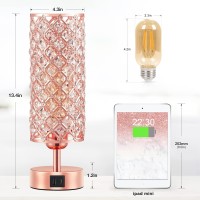 Hong-In Crystal Table Lamp, Rose Gold Lamp With Usb C+A Ports, 3 Way Dimmable Touch Lamp With Crystal Shade, Bedside Nightstand Small Lamp For Living Room Bedroom Home Office (Bulb Included)