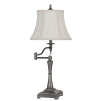 Benjara Bm226339 Metal Body Table Lamp With Swing Arm And Fabric Bell Shade, Silver And Gray