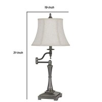 Benjara Bm226339 Metal Body Table Lamp With Swing Arm And Fabric Bell Shade, Silver And Gray