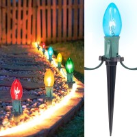 C9 Christmas Pathway String Lights, 25.7 Ft C9 20 Lights With 20 Multicolored Glass Bulbs And 20 Stakes Connectable Waterproof For Outdoor Indoor Xmas Party Holiday Commercial Decoration, Green Wire