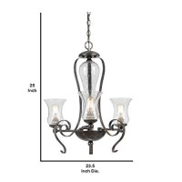 Benjara Bm226298 3 Bulb Chandelier With Scrolled Metal Frame And Glass Shades, Gray And Clear