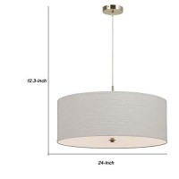 Benjara Bm226324 3 Bulb Drum Shaped Fabric Pendant Fixture With Diffuser, White