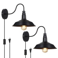 Haitral Plug In Wall Lamps Set Of 2- Farmhouse Wall Sconces With Plug In Cord And Buttun Switch, Industrial Wall Light Fixtures Plug In For Bedroom, Living Room, Farmhouse, Bathroom Vanity-Black