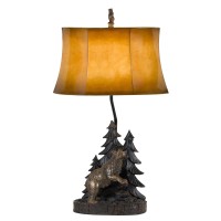 Benjara Bm226341 3 Way Resin Body Table Lamp With Forest And Bear Design, Brown And Black