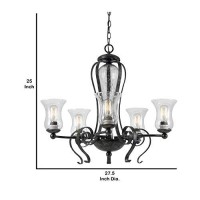 Benjara Bm226299 5 Bulb Chandelier With Scrolled Metal Frame And Glass Shades, Gray And Clear