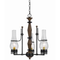 Benjara Bm226312 3 Bulb Wooden And Metal Chandelier With Urn Glass Shades, Brown And Black