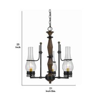 Benjara Bm226312 3 Bulb Wooden And Metal Chandelier With Urn Glass Shades, Brown And Black