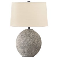 Benjara Bellied Paper Composite Table Lamp With Speckled Details, Cream And Gray