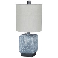 Benjara Cubical Faux Concrete Body Table Lamp With Fabric Drum Shade, Gray