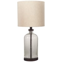 Benjara Cylindrical Seeded Glass Table Lamp With Fabric Drum Shade, Beige And Clear